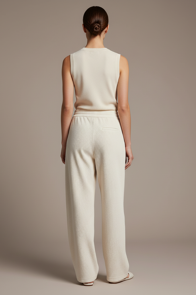 Pantalon Baggy Crème Côtelé Ample Confortable Femme - Beige Cordé - vue 2