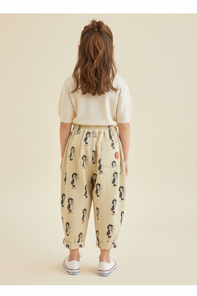 Pantalon Baggy Beige Ample Motif Pingouin Confortable - Toile - vue 2
