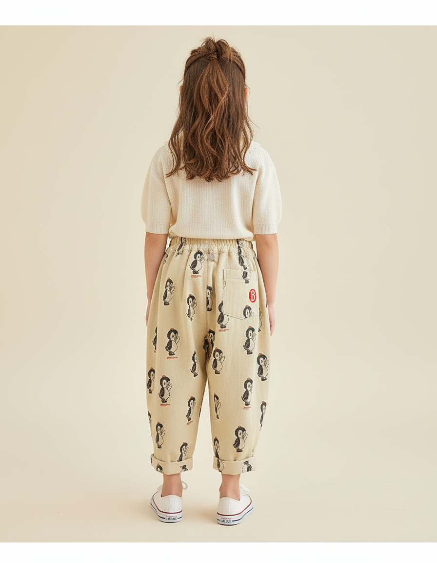 Pantalon Baggy Beige Ample Motif Pingouin Confortable - Toile - vue 2