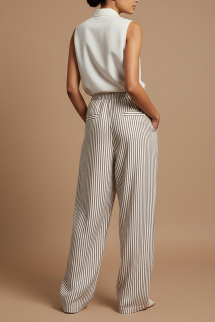 Pantalon Baggy Rayé Fluide Cordon Femme - Kaki Lin - vue 2