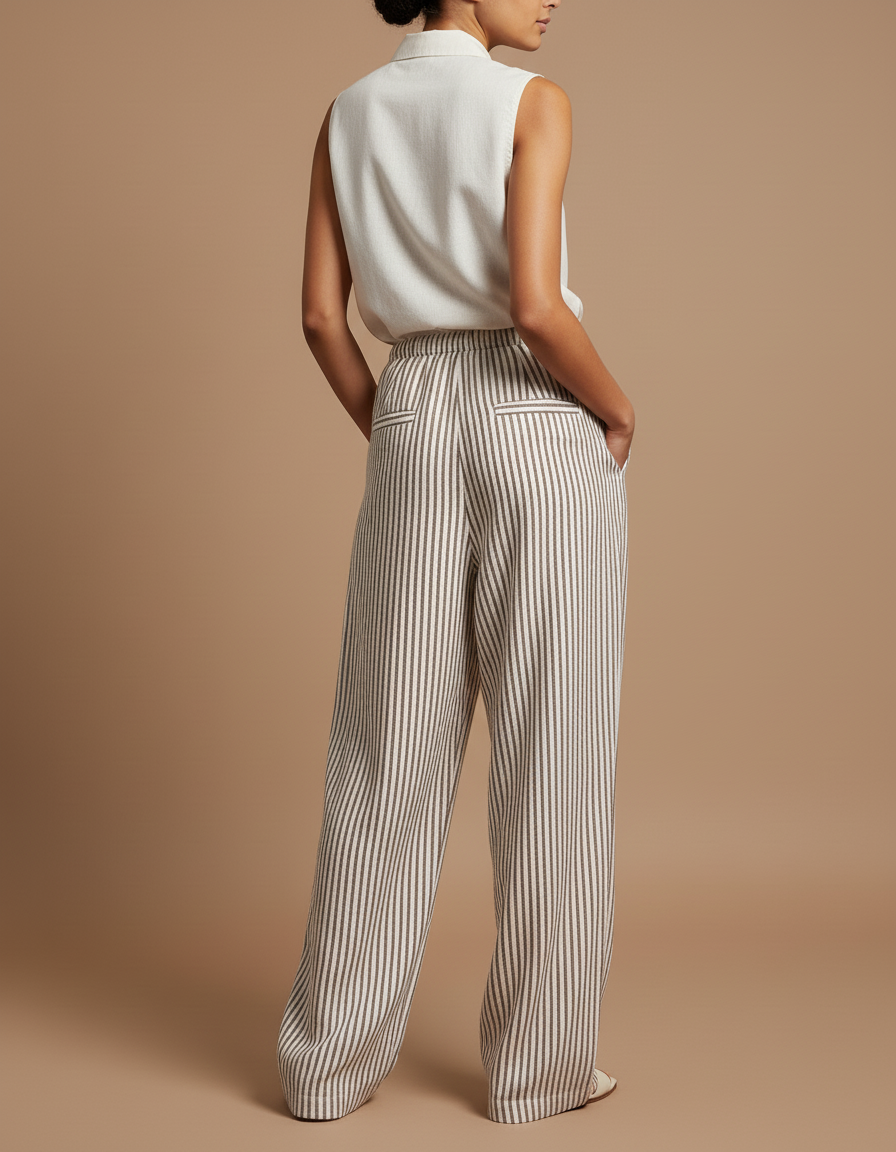 Pantalon Baggy Rayé Fluide Cordon Femme - Kaki Lin - vue 2