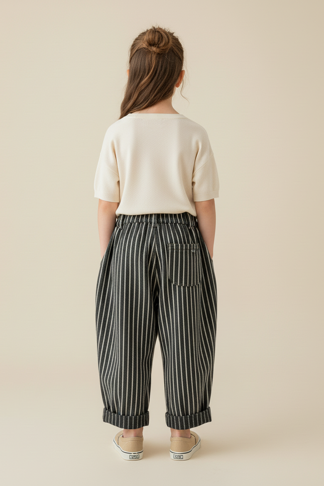 Pantalon Baggy Rayé Noir Blanc Ample Coton Enfant - Tweed - vue 2