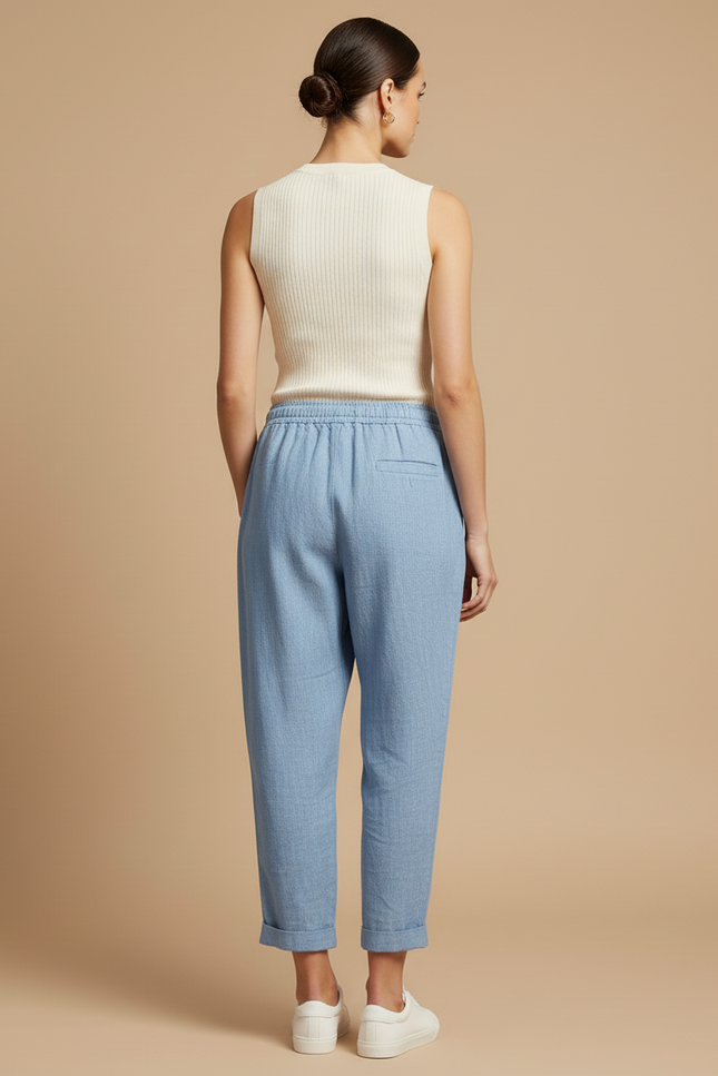 Pantalon Baggy Bleu Lin Ample Cordon Décontracté - vue 2