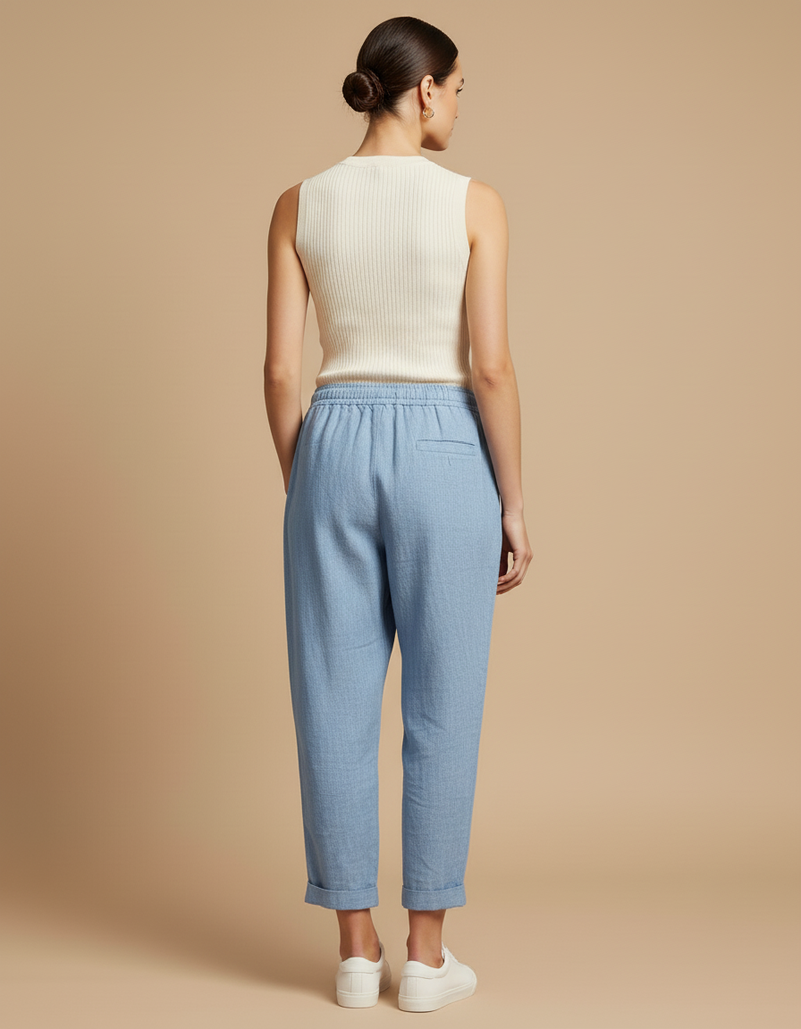 Pantalon Baggy Bleu Lin Ample Cordon Décontracté - vue 2