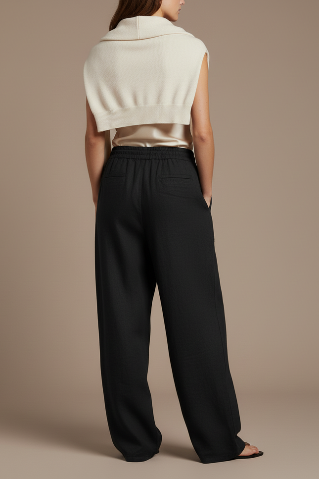 Pantalon Baggy Noir Lin Ample Cordon Femme - vue 2