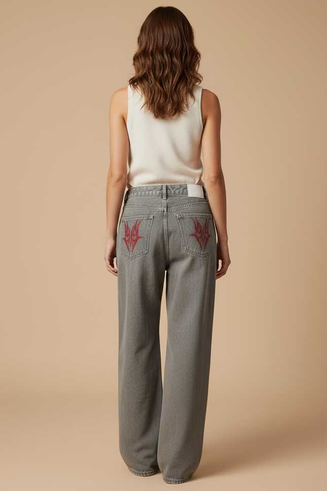 Pantalon Baggy Jean Gris Imprimé Tribal Rouge - vue 2