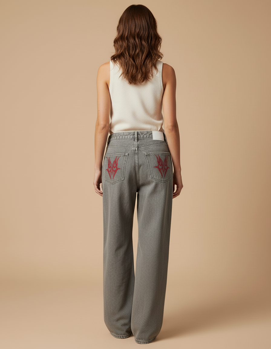 Pantalon Baggy Jean Gris Imprimé Tribal Rouge - vue 2