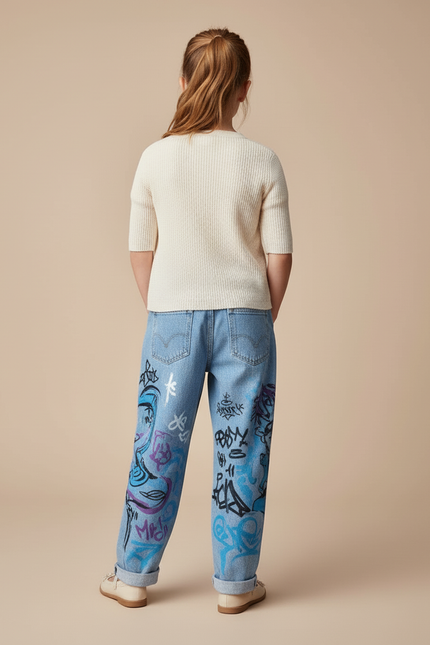 Pantalon Baggy Jean Clair Imprimé Anime Graffiti Fille - Bleu - vue 2