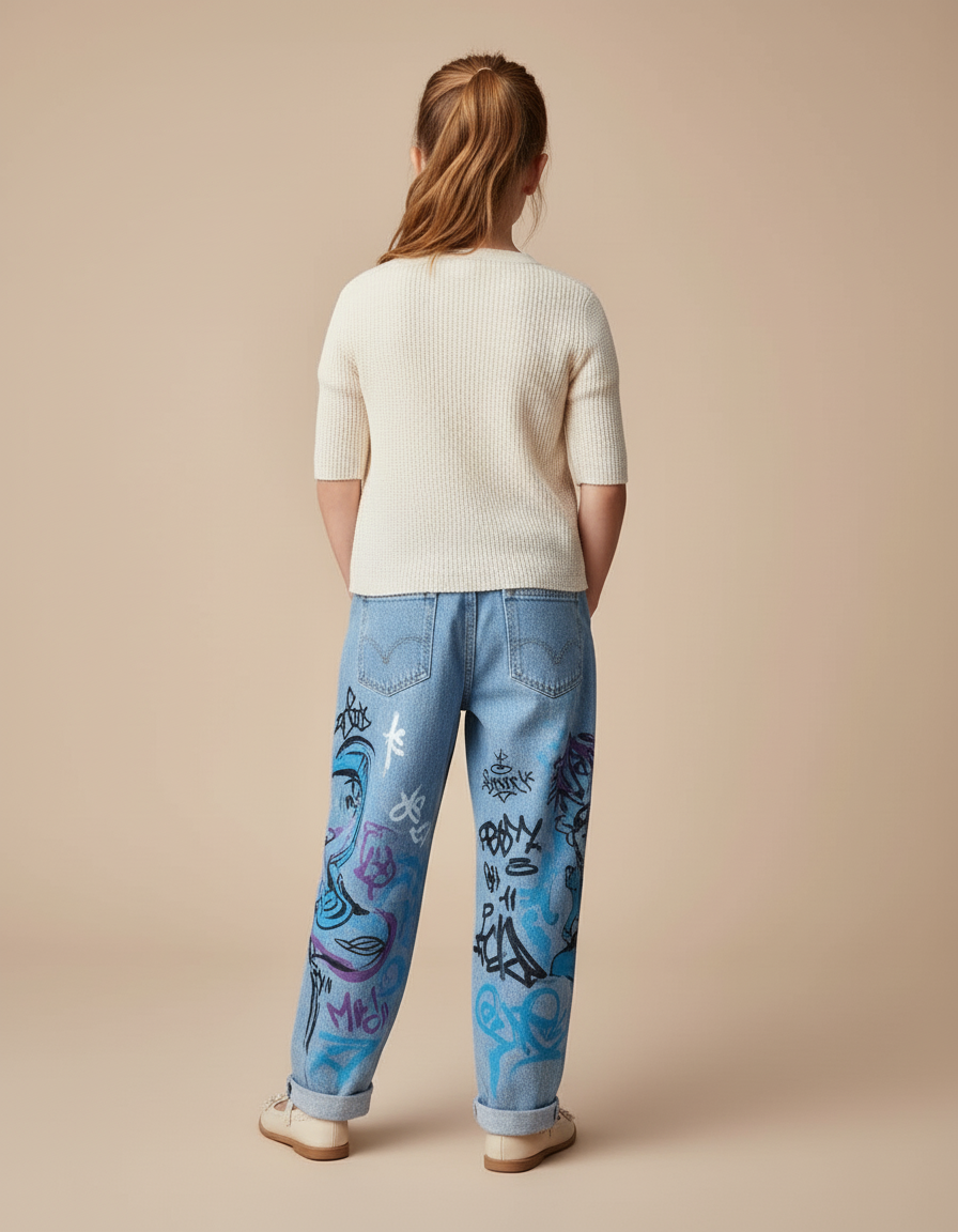 Pantalon Baggy Jean Clair Imprimé Anime Graffiti Fille - Bleu - vue 2