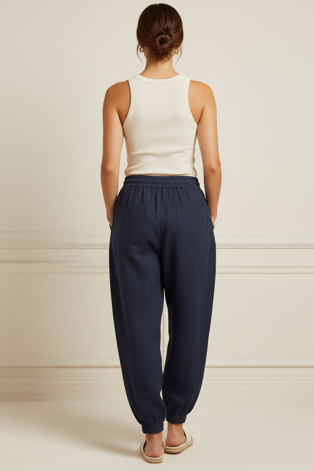 Pantalon Baggy Bleu Marine Cordon Lin Ample Confortable Femme - vue 2