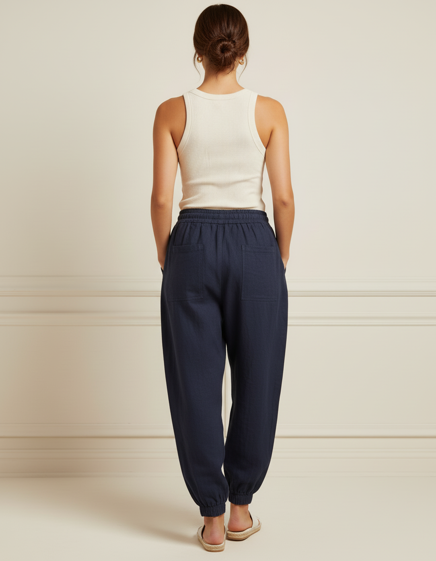 Pantalon Baggy Bleu Marine Cordon Lin Ample Confortable Femme - vue 2
