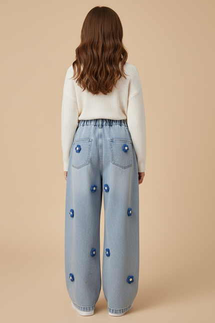 Pantalon Baggy Jean Bleu Clair Fleurs Ample Fille - vue 2