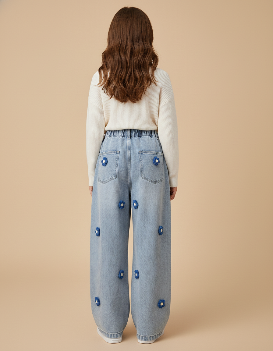 Pantalon Baggy Jean Bleu Clair Fleurs Ample Fille - vue 2