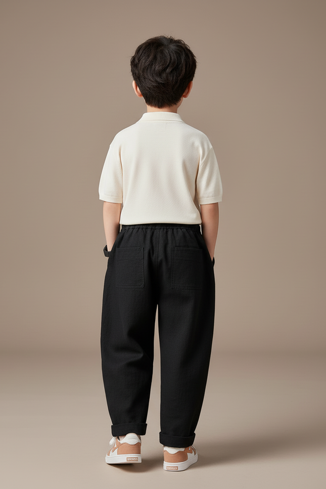 Pantalon Baggy Noir Ample Cordon Décontracté Coton - Lin - vue 2