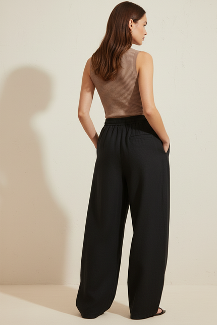 Pantalon Baggy Noir Ample Fluide Élastique Décontracté - Lin - vue 2