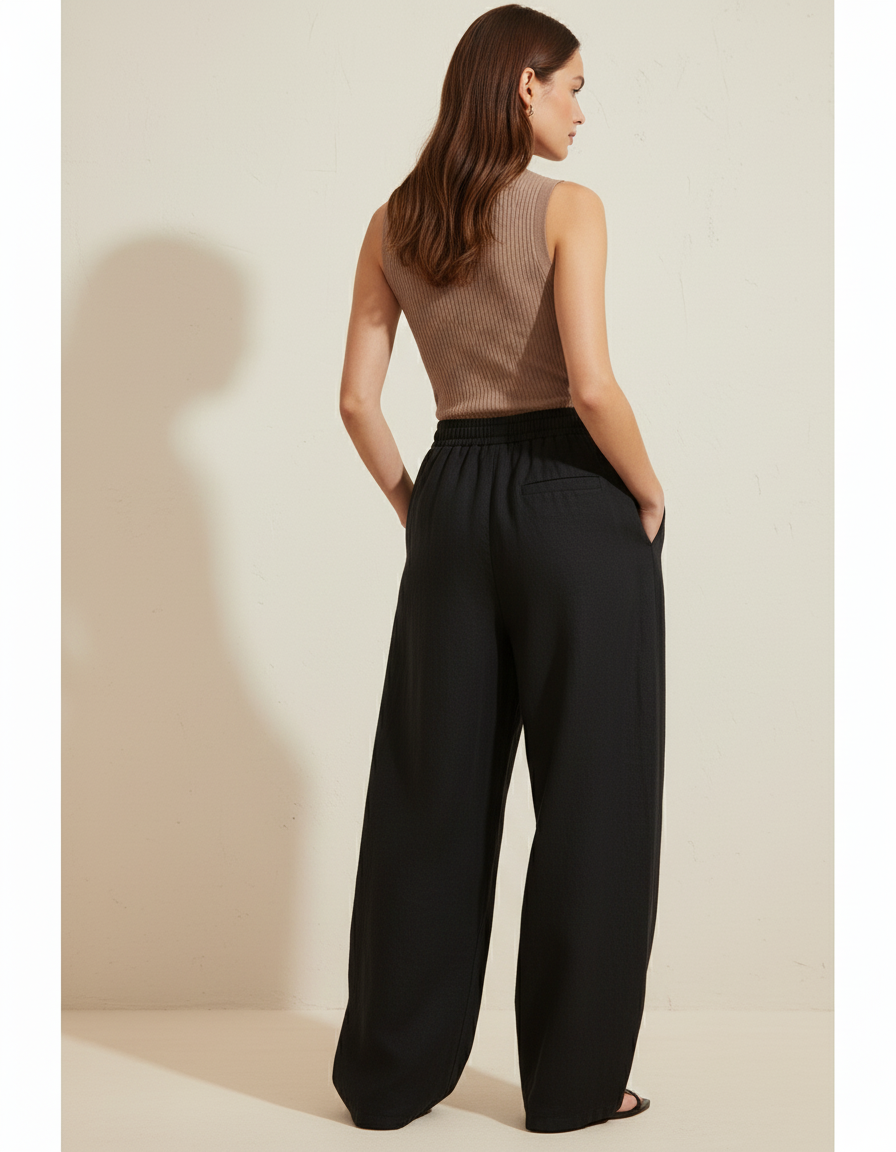 Pantalon Baggy Noir Ample Fluide Élastique Décontracté - Lin - vue 2