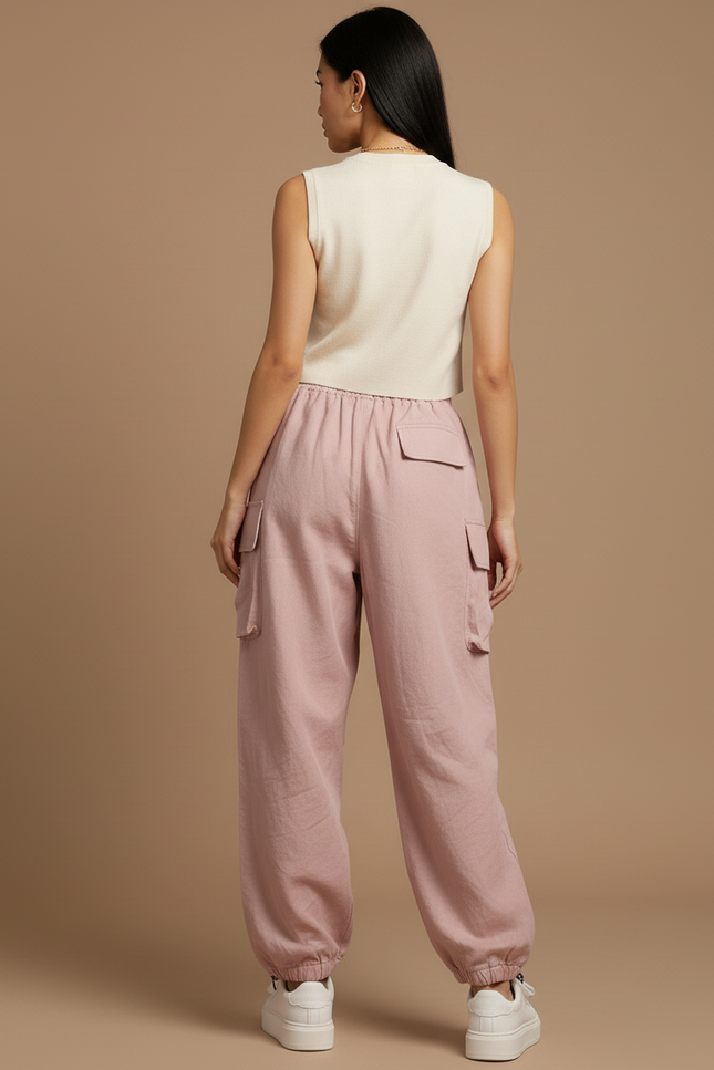 Pantalon Baggy Rose Cargo Ample Taille Haute - Toile - vue 2