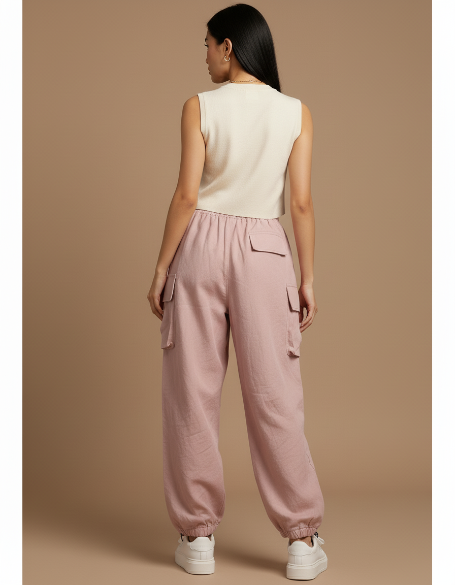 Pantalon Baggy Rose Cargo Ample Taille Haute - Toile - vue 2