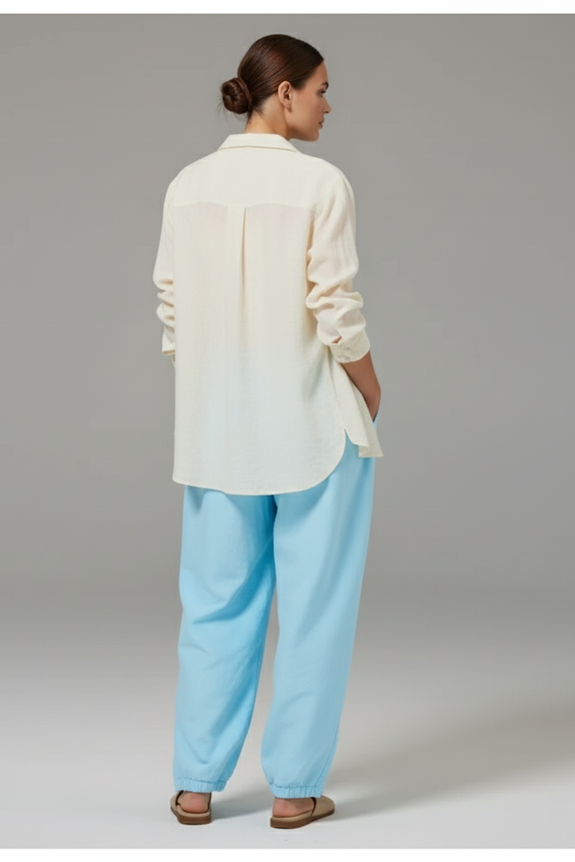 Pantalon Baggy Bleu Ciel Ample Fluide Décontracté Cordon - Polyester - vue 2
