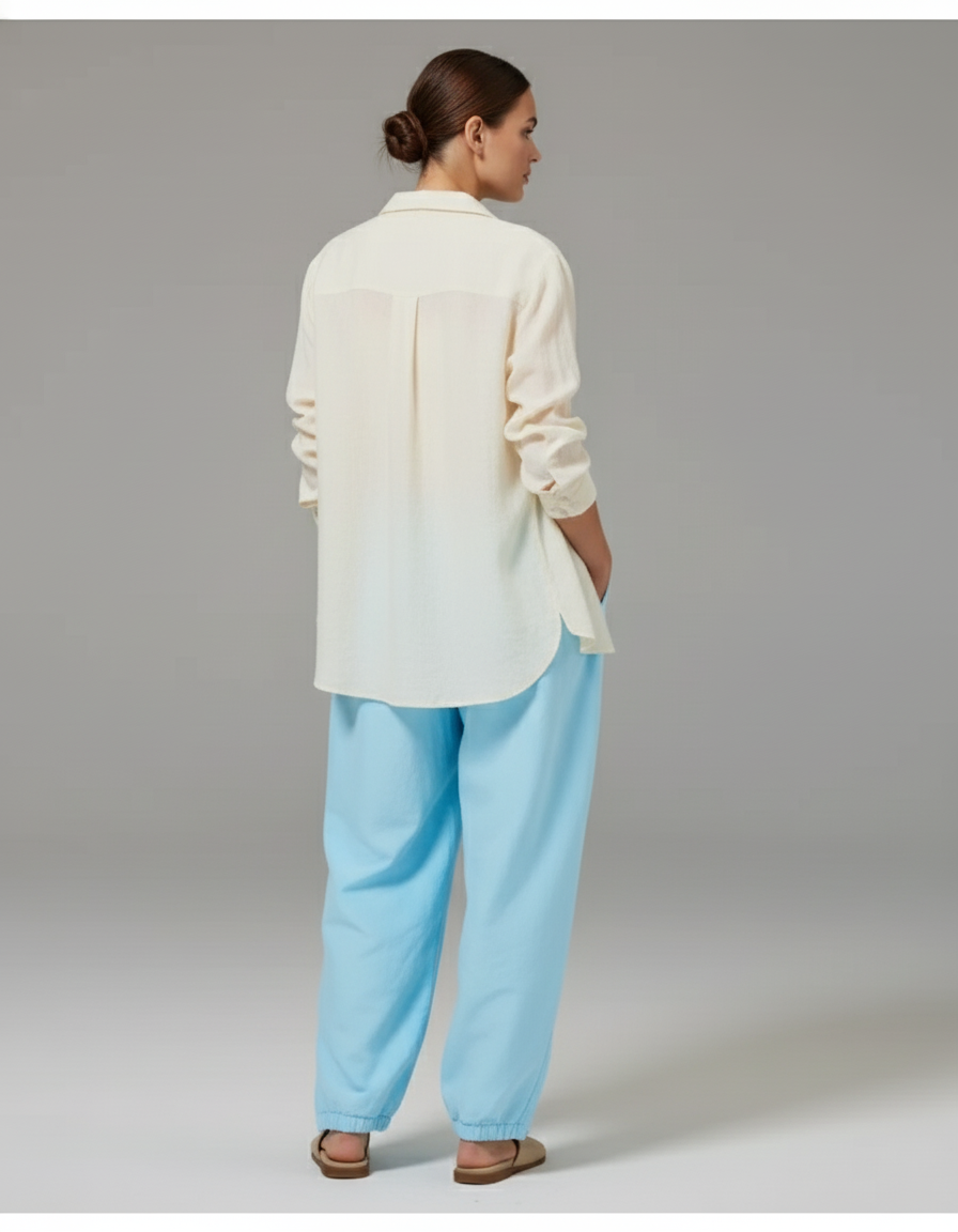 Pantalon Baggy Bleu Ciel Ample Fluide Décontracté Cordon - Polyester - vue 2