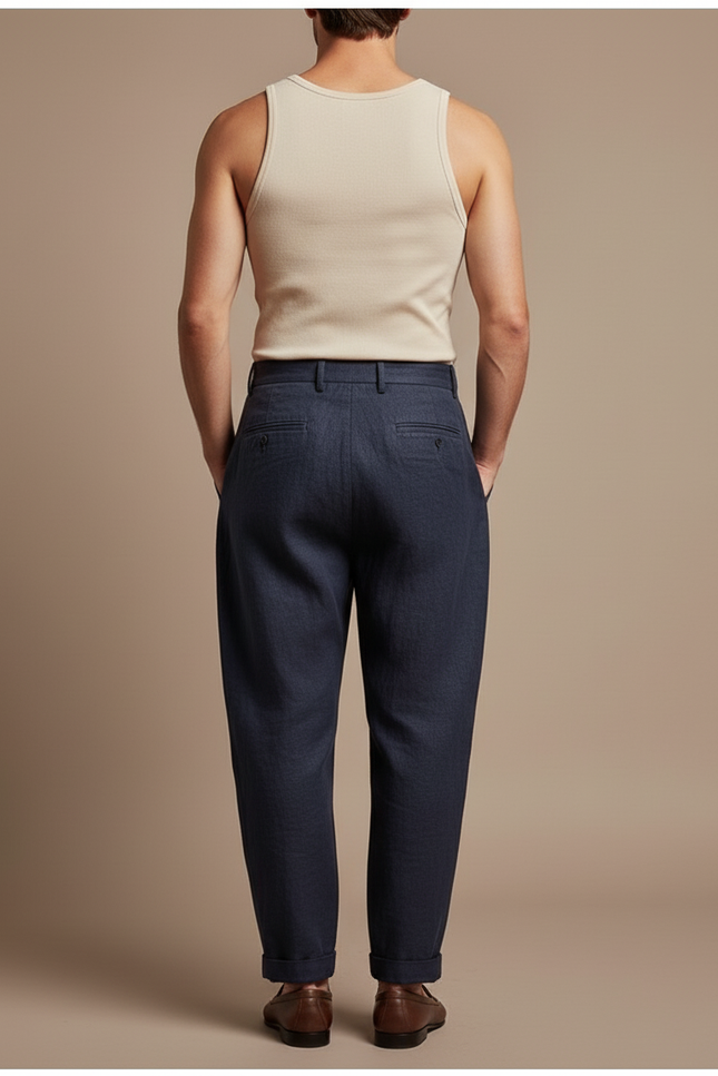 Pantalon Baggy Bleu Marine Lin Plissé Homme Chic - vue 2