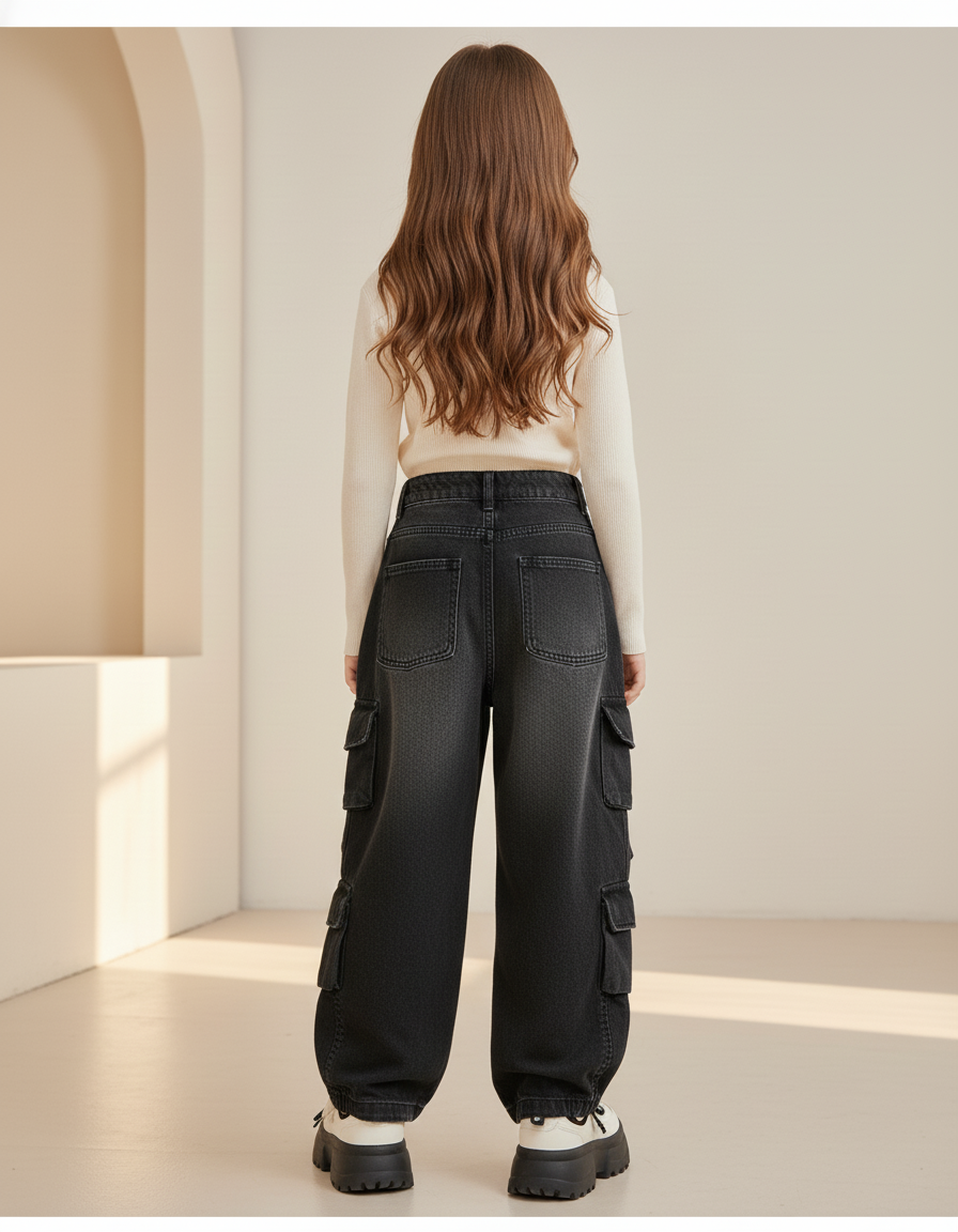 Pantalon Baggy Denim Gris Ample Cargo Enfant - Jean - vue 2