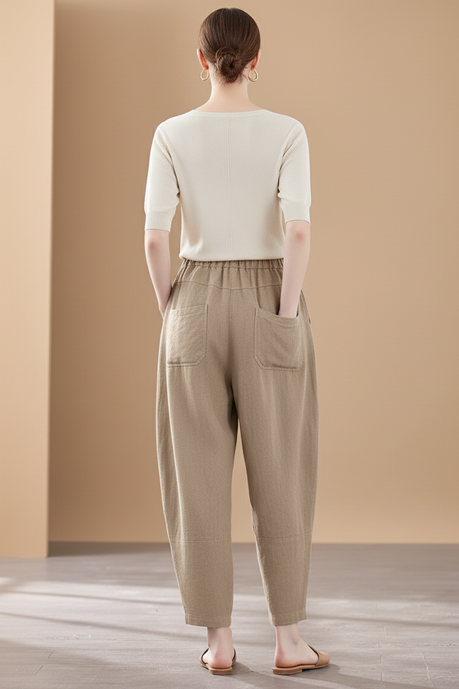 Pantalon Baggy Beige Lin Ample Taille Élastique - vue 2