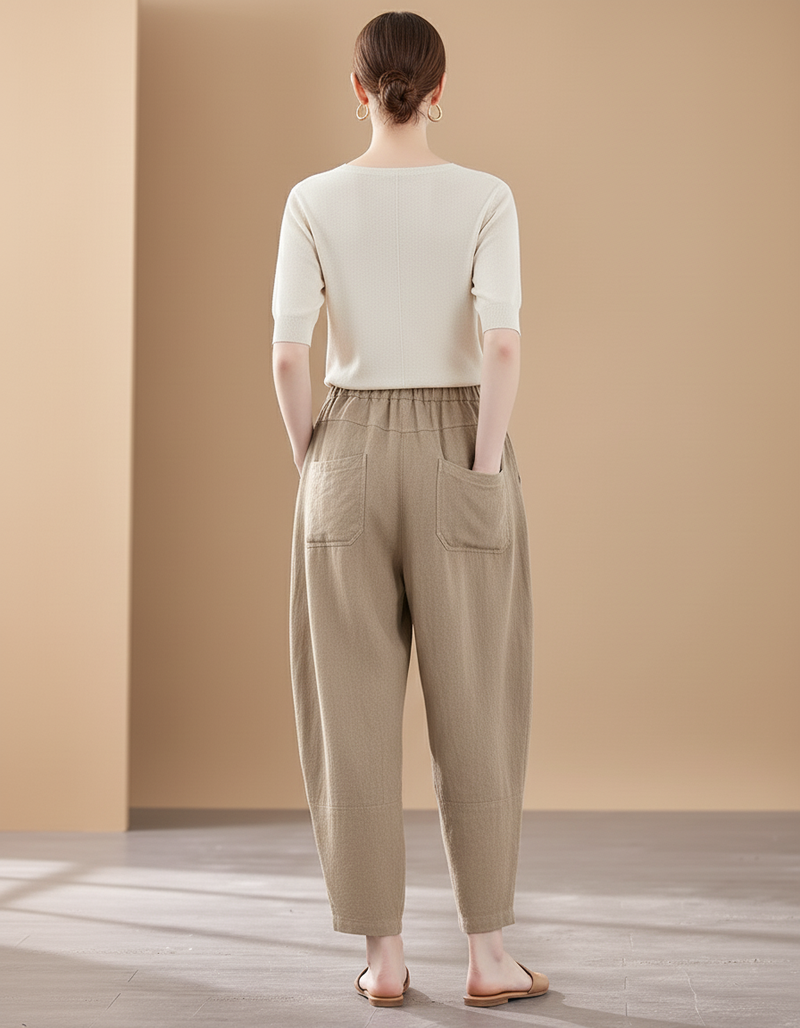 Pantalon Baggy Beige Lin Ample Taille Élastique - vue 2