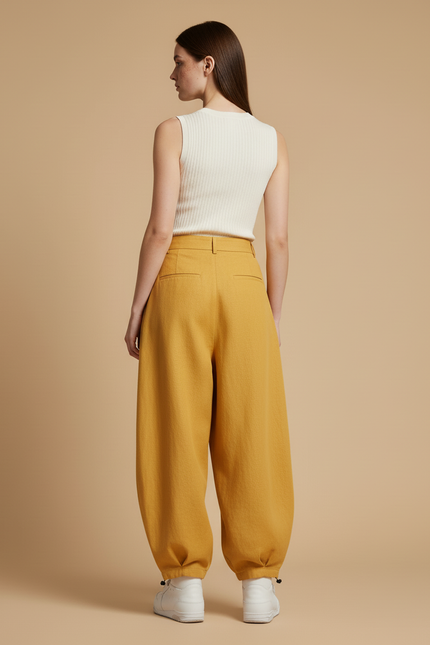 Pantalon Baggy Jaune Ample Décontracté Plissé - Lin - vue 2