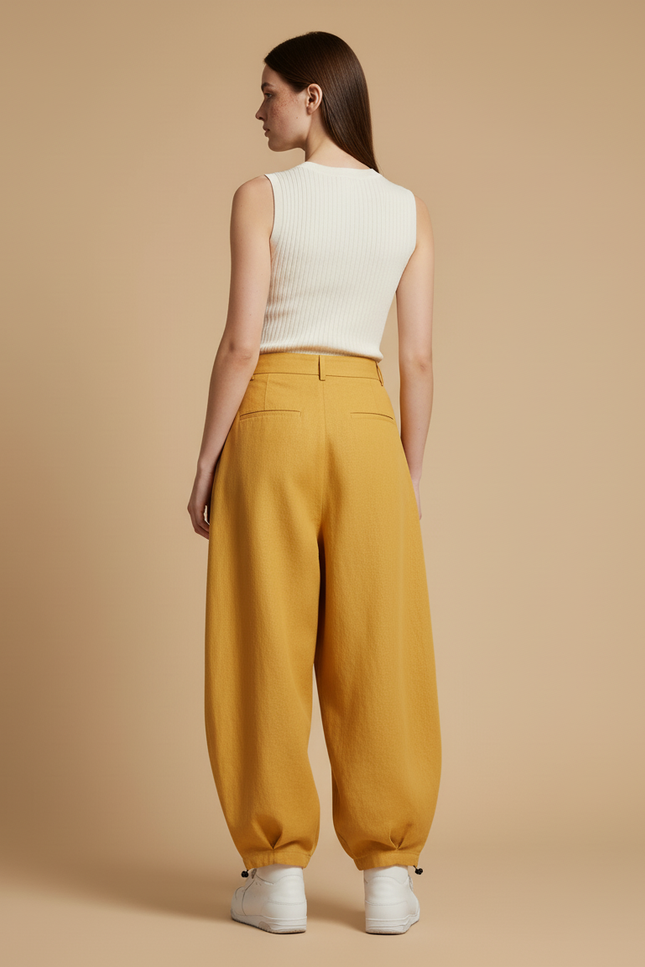 Pantalon Baggy Jaune Ample Décontracté Plissé - Lin - vue 2