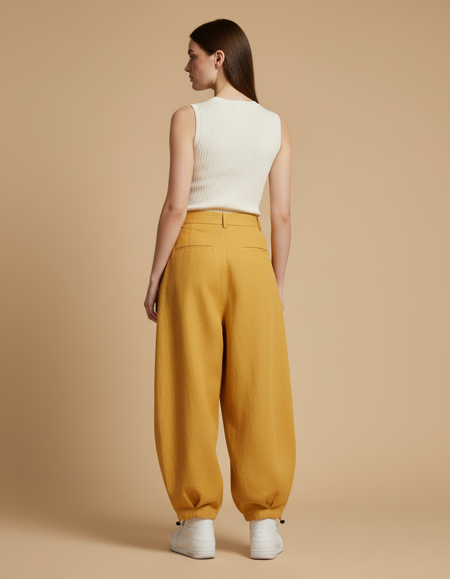 Pantalon Baggy Jaune Ample Décontracté Plissé - Lin - vue 2