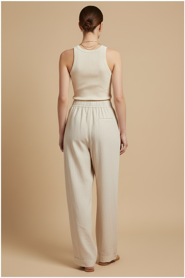 Pantalon Baggy Lin Beige Fluide Décontracté Femme - vue 2