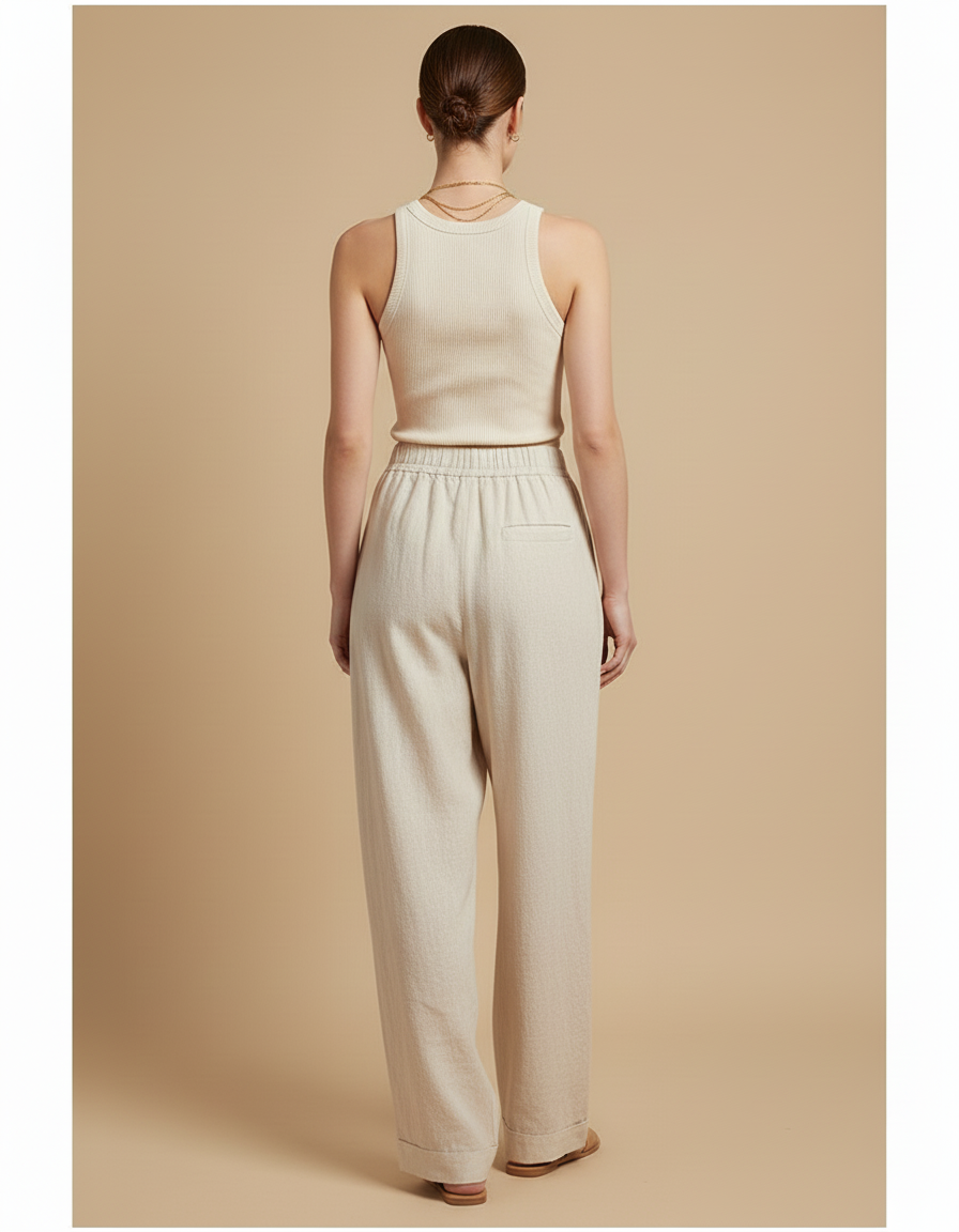Pantalon Baggy Lin Beige Fluide Décontracté Femme - vue 2