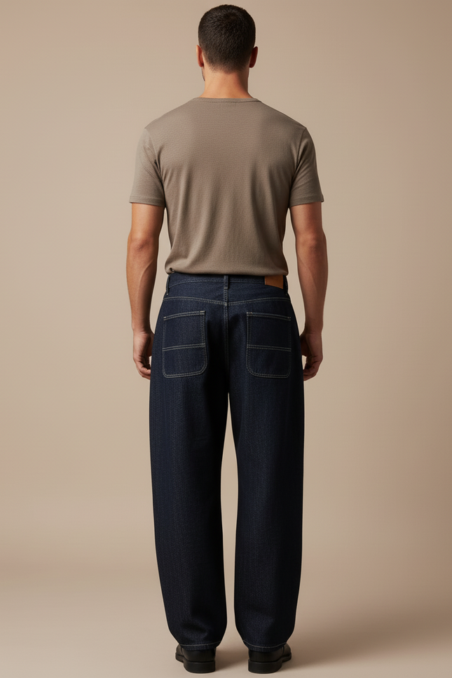 Pantalon Baggy Denim Bleu Brodé Ample Homme - Marine Jean - vue 2