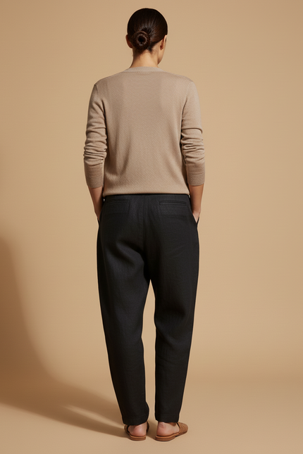 Pantalon Baggy Noir Lin Plissé Décontracté Ample - vue 2