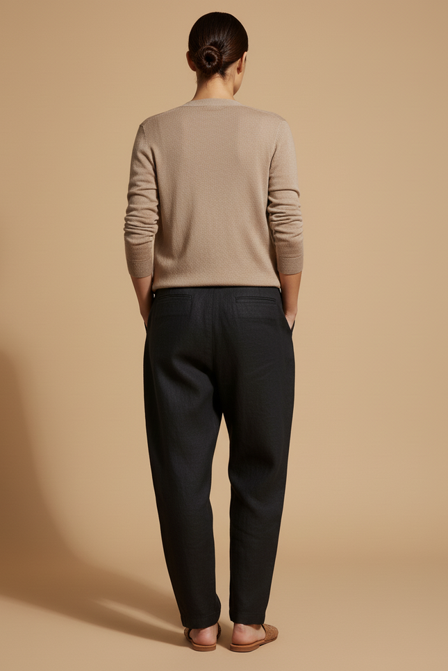 Pantalon Baggy Noir Lin Plissé Décontracté Ample - vue 2