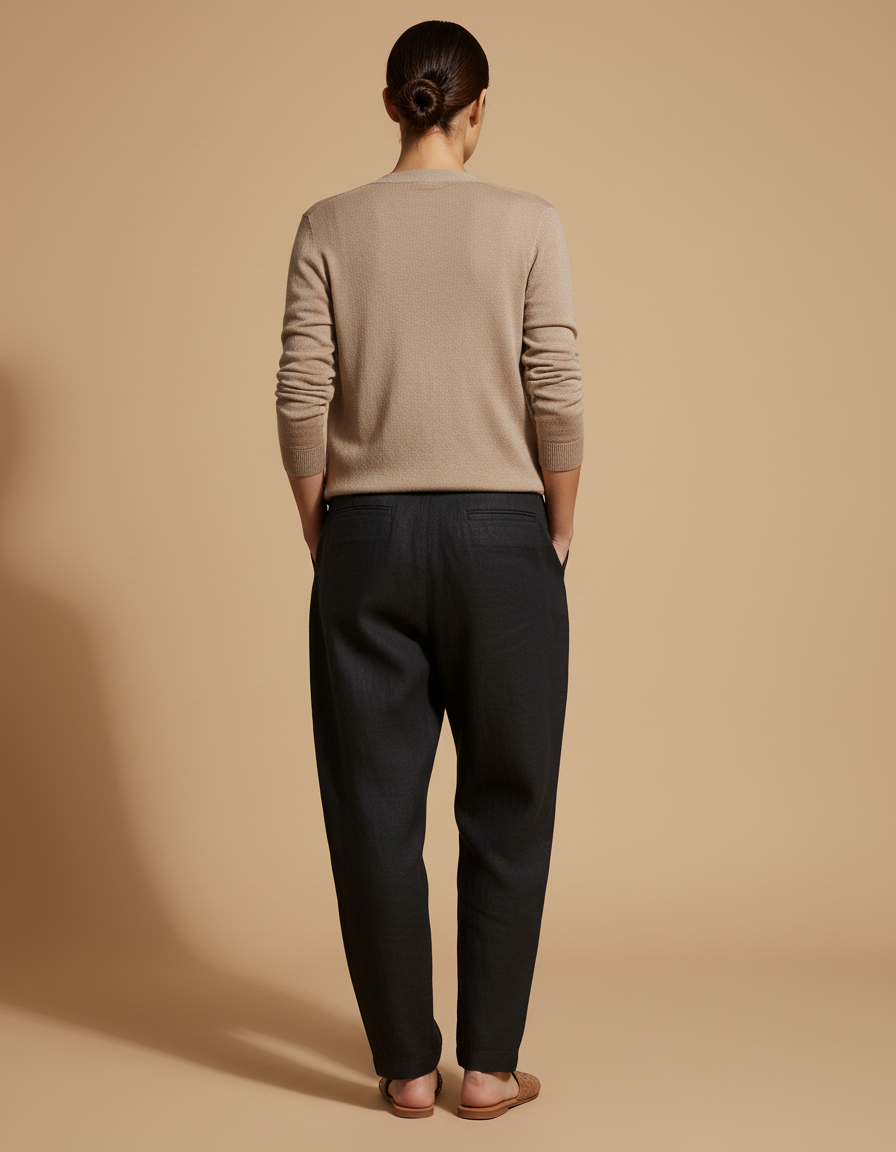 Pantalon Baggy Noir Lin Plissé Décontracté Ample - vue 2