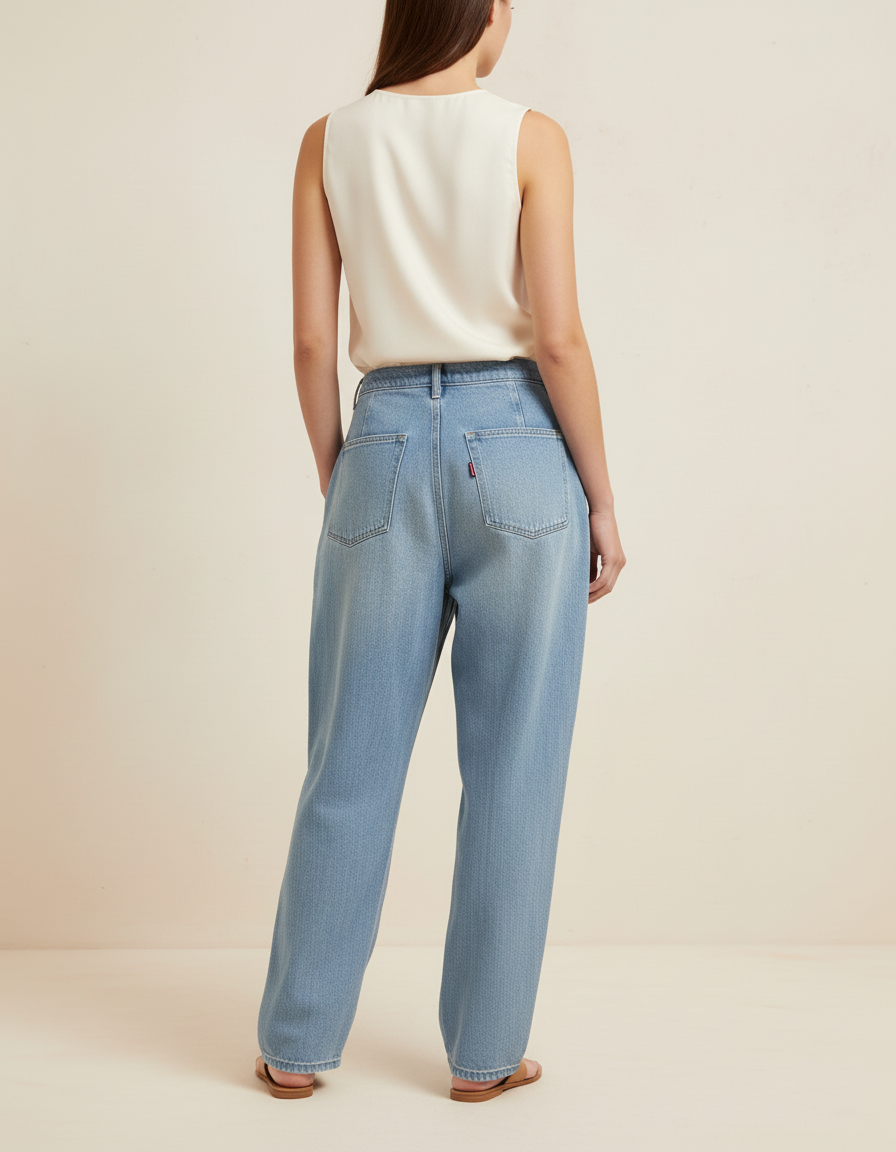 Pantalon Baggy Denim Clair Ample Imprimé Main Femme - Bleu Jean - vue 2