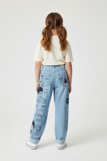 Pantalon Baggy Denim Clair Imprimé Manga Décontracté Unisexe - Jean - vue 2