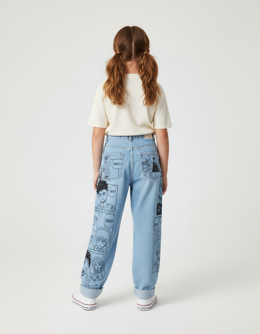 Pantalon Baggy Denim Clair Imprimé Manga Décontracté Unisexe - Jean - vue 2