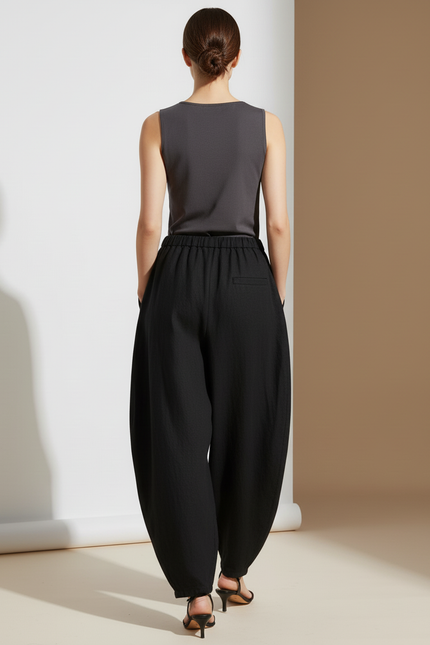 Pantalon Baggy Noir Ample Lin Élastique Femme - vue 2