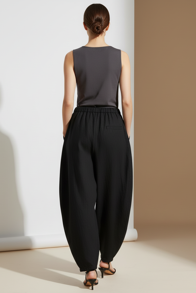 Pantalon Baggy Noir Ample Lin Élastique Femme - vue 2