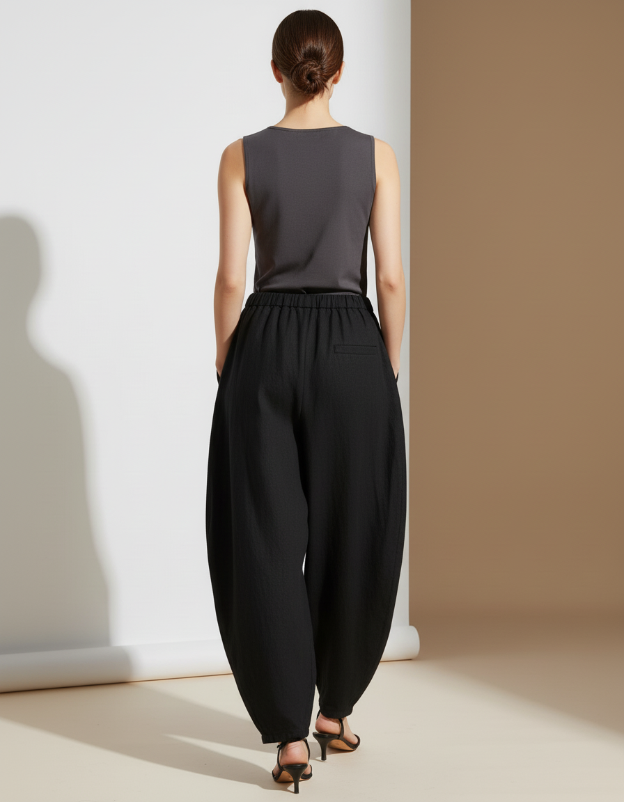 Pantalon Baggy Noir Ample Lin Élastique Femme - vue 2