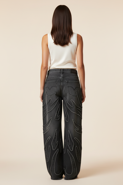 Pantalon Baggy Denim Noir Délavé Flammes Ample - Gris Jean - vue 2