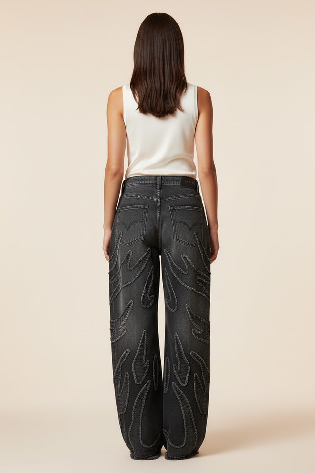 Pantalon Baggy Denim Noir Délavé Flammes Ample - Gris Jean - vue 2