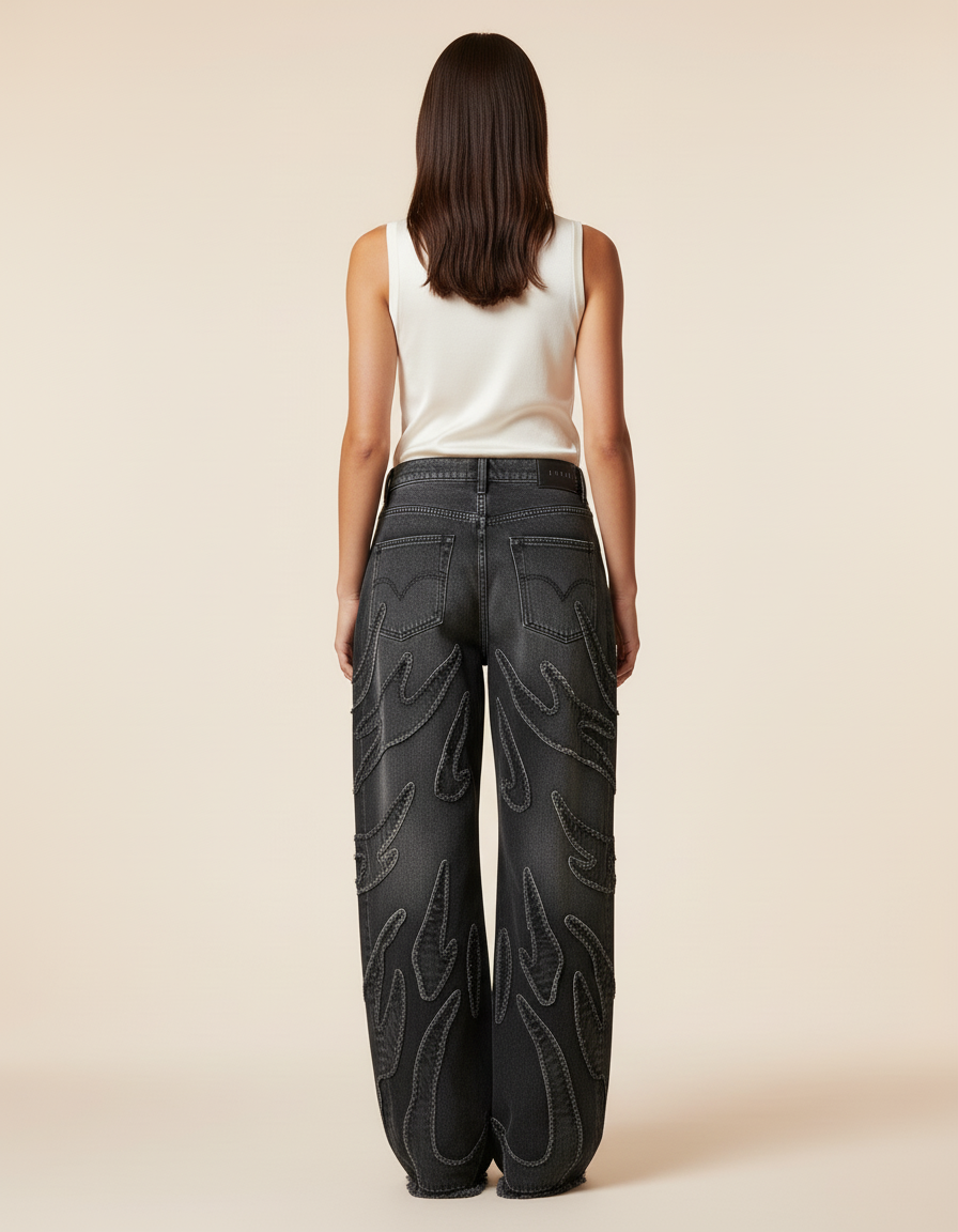 Pantalon Baggy Denim Noir Délavé Flammes Ample - Gris Jean - vue 2