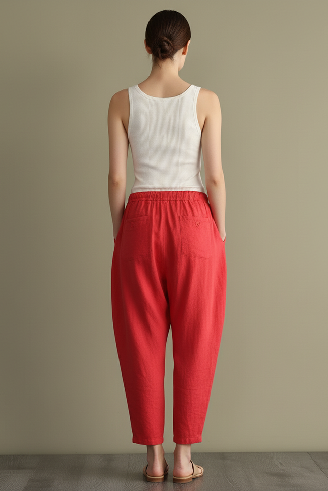 Pantalon Baggy Rouge Lin Ample Décontracté Cordon - vue 2