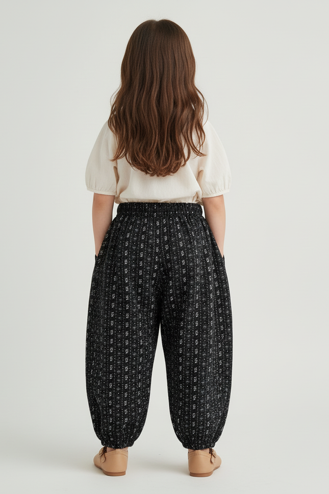 Pantalon Baggy Noir Ample Imprimé Floral Hivernal Fille - Laine - vue 2