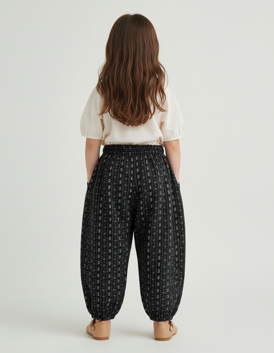 Pantalon Baggy Noir Ample Imprimé Floral Hivernal Fille - Laine - vue 2