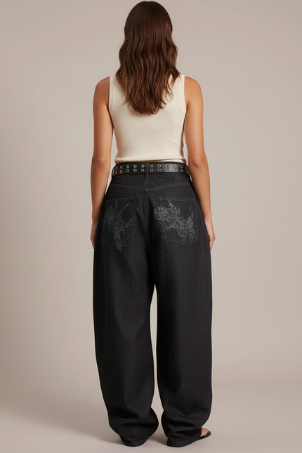 Pantalon Baggy Noir Ample Imprimé Streetwear Femme - Jean - vue 2